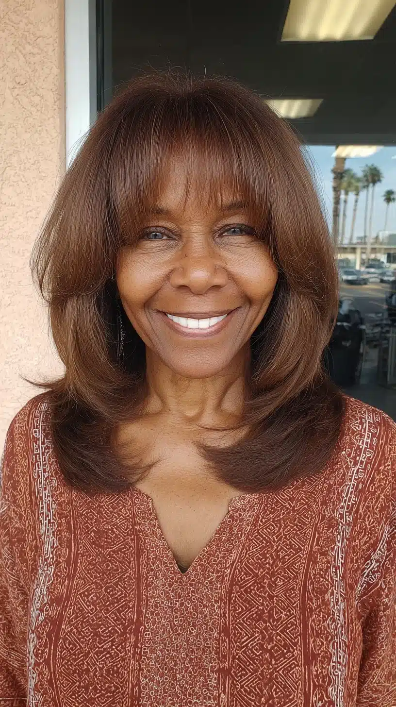 51 Modern Medium Shaggy Hairstyles Women Over 60 Can Pull Off 29 Feathered chestnut medium cut with curtain bangs, one of 51 Modern Medium Shaggy Hairstyles Women Over 60 Can Pull Off