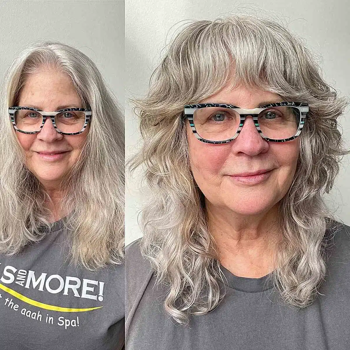 51 Modern Medium Shaggy Hairstyles Women Over 60 Can Pull Off 3 Mid-length salt and pepper shag with thick bangs for 60-year-olds, part of 51 Modern Medium Shaggy Hairstyles Women Over 60 Can Pull Off