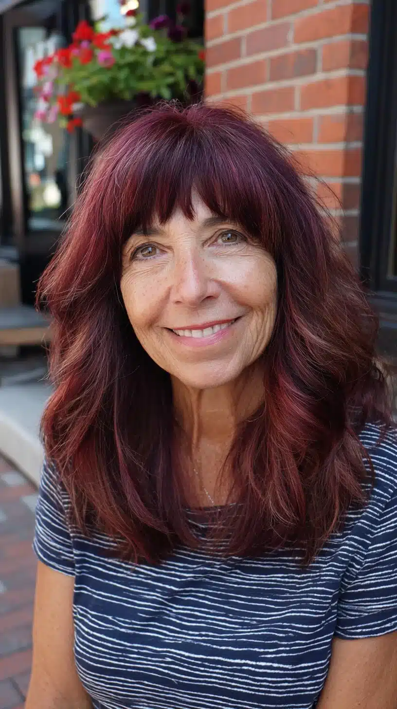 51 Modern Medium Shaggy Hairstyles Women Over 60 Can Pull Off 5 Mahogany shoulder-length shag with wispy brow-skimming fringe, one of 51 Modern Medium Shaggy Hairstyles Women Over 60 Can Pull Off