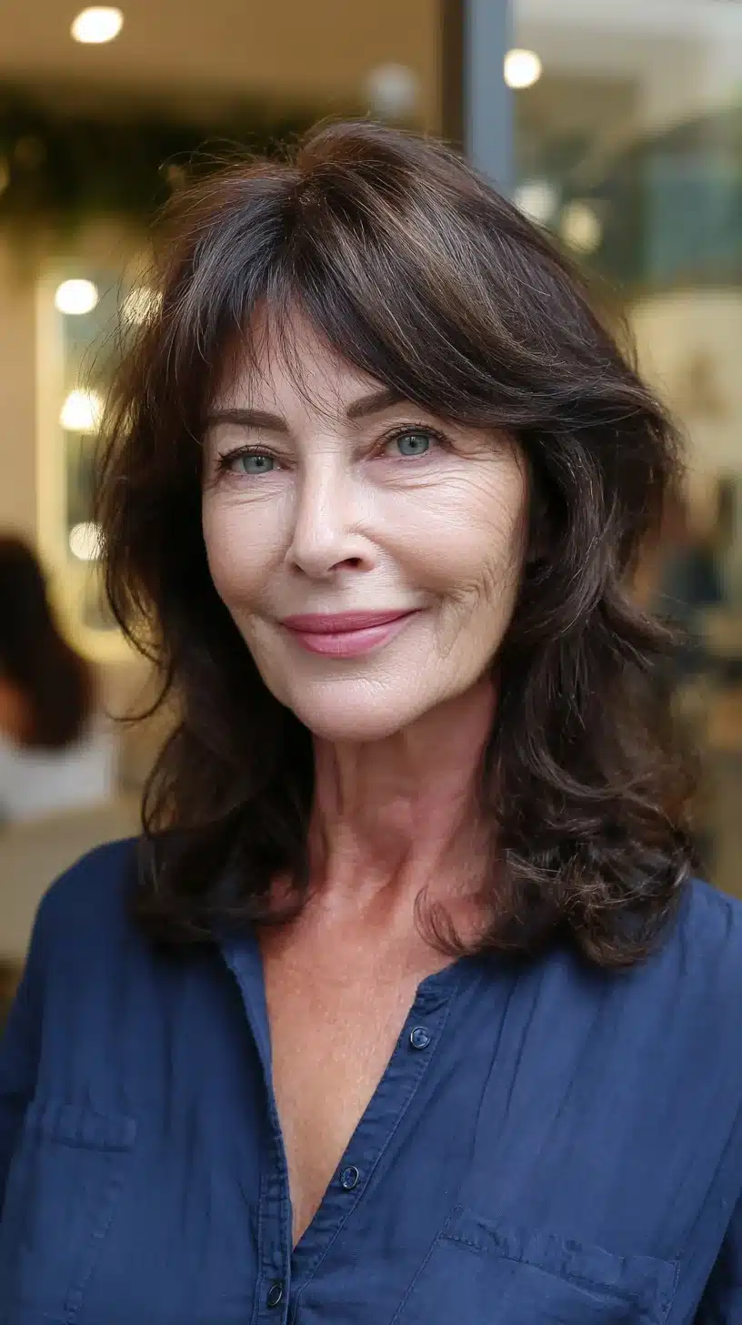 51 Modern Medium Shaggy Hairstyles Women Over 60 Can Pull Off 6 Soft layered shoulder-length shag with wispy curtain fringe from 51 Modern Medium Shaggy Hairstyles Women Over 60 Can Pull Off
