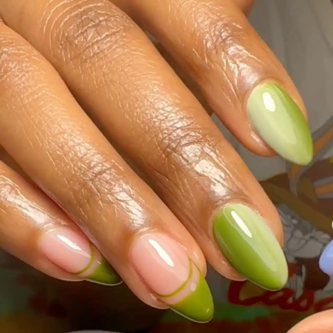18 Olive Green Nail Ideas for an Unexpected Spring Manicure 9 Olive green ombre manicure with green French tips