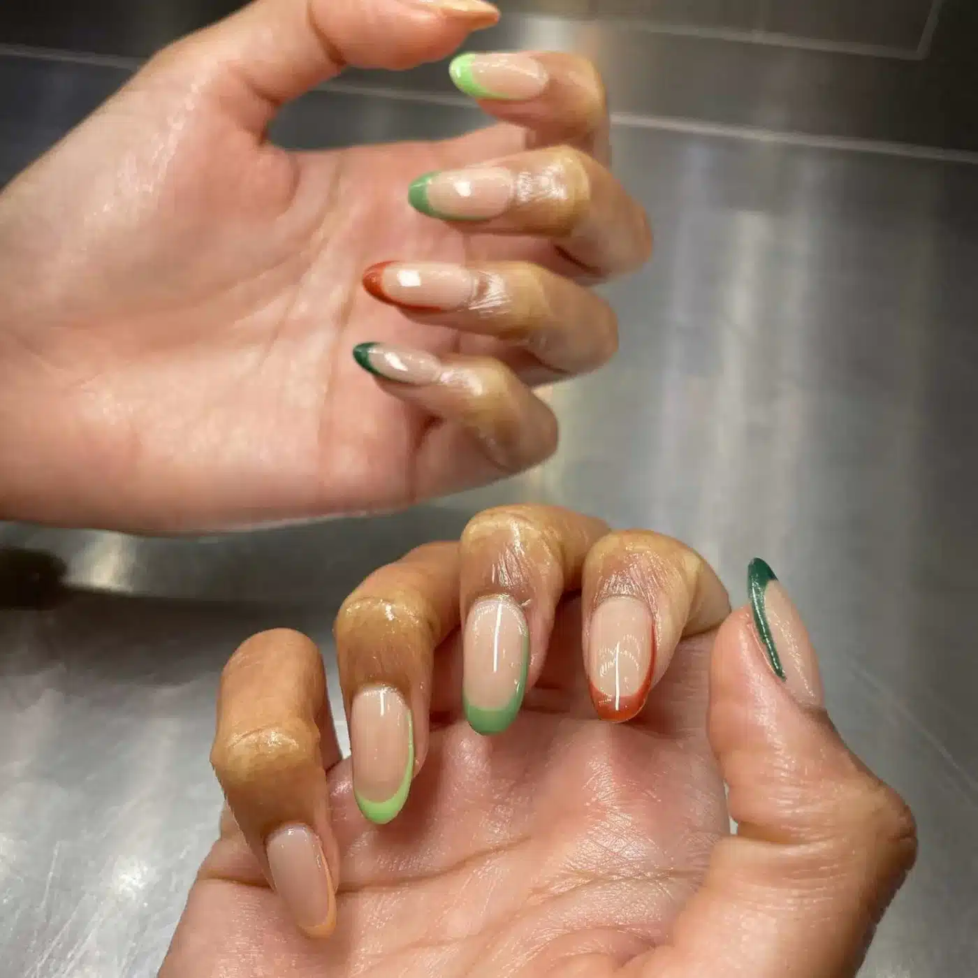 18 Olive Green Nail Ideas for an Unexpected Spring Manicure 12 Earth tone French tips with olive green brown and orange