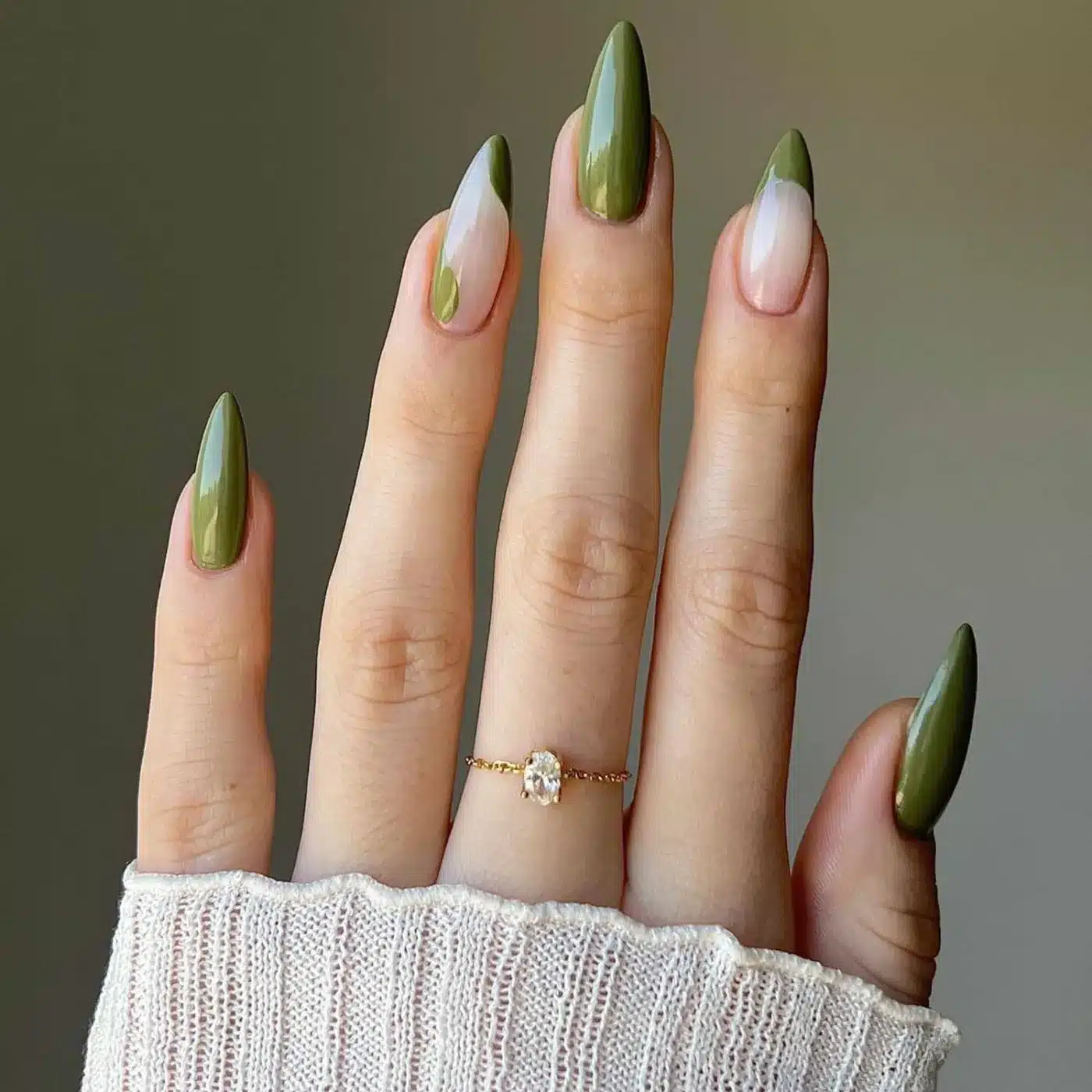 18 Olive Green Nail Ideas for an Unexpected Spring Manicure 16 Deep olive manicure with solid nails and French tip accents