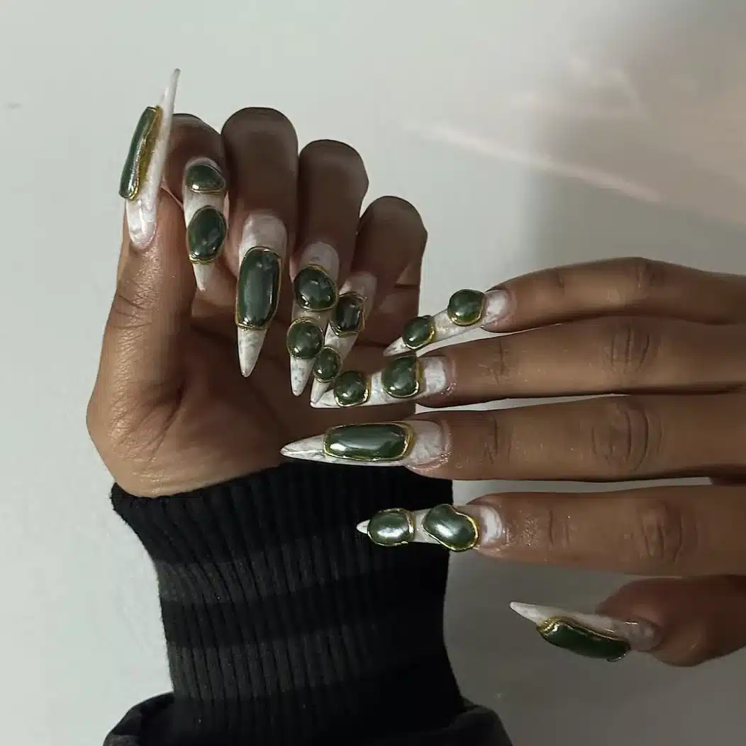 18 Olive Green Nail Ideas for an Unexpected Spring Manicure 18 Olive green manicure with decorative 3D gems