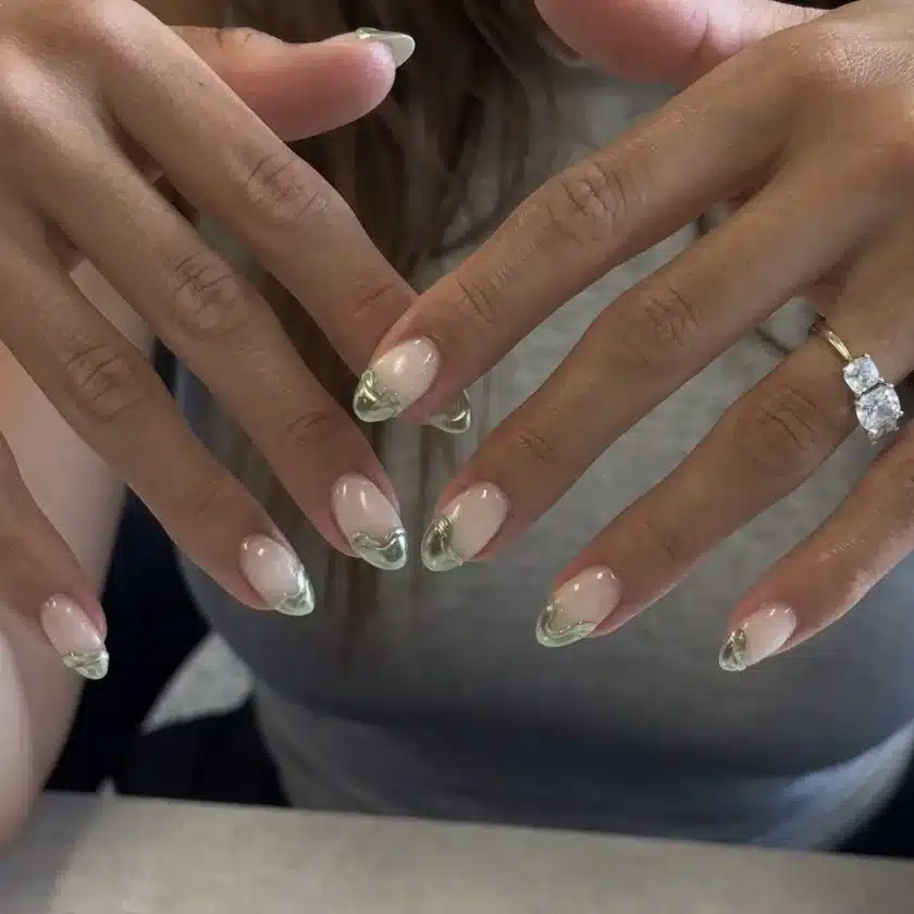 18 Olive Green Nail Ideas for an Unexpected Spring Manicure 7 Olive green chrome French tips on a neutral base