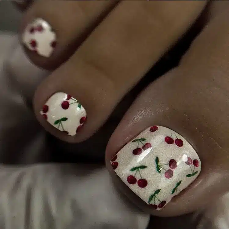 39 Cute Pedicure Ideas for Every Season 34 White pedicure with cherry nail art