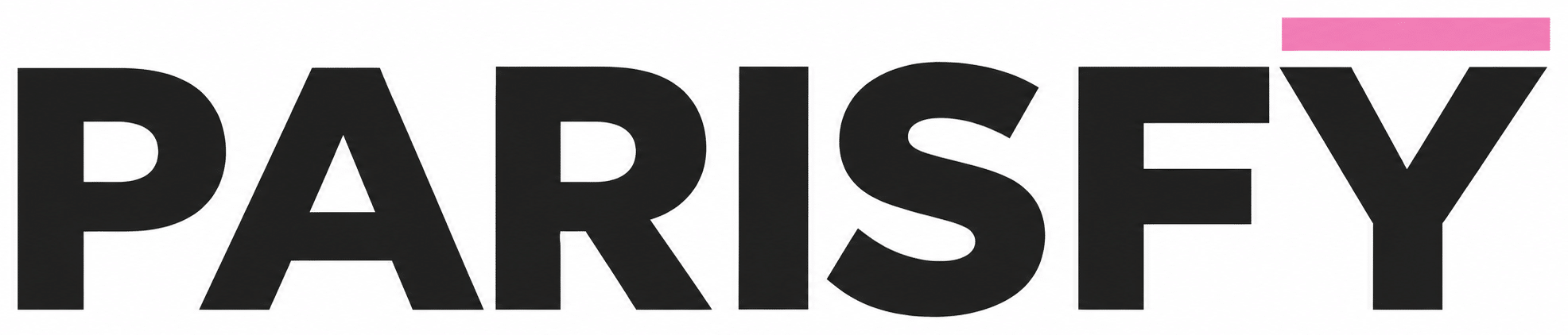 Parisfy logo in black with a pink line above the Y